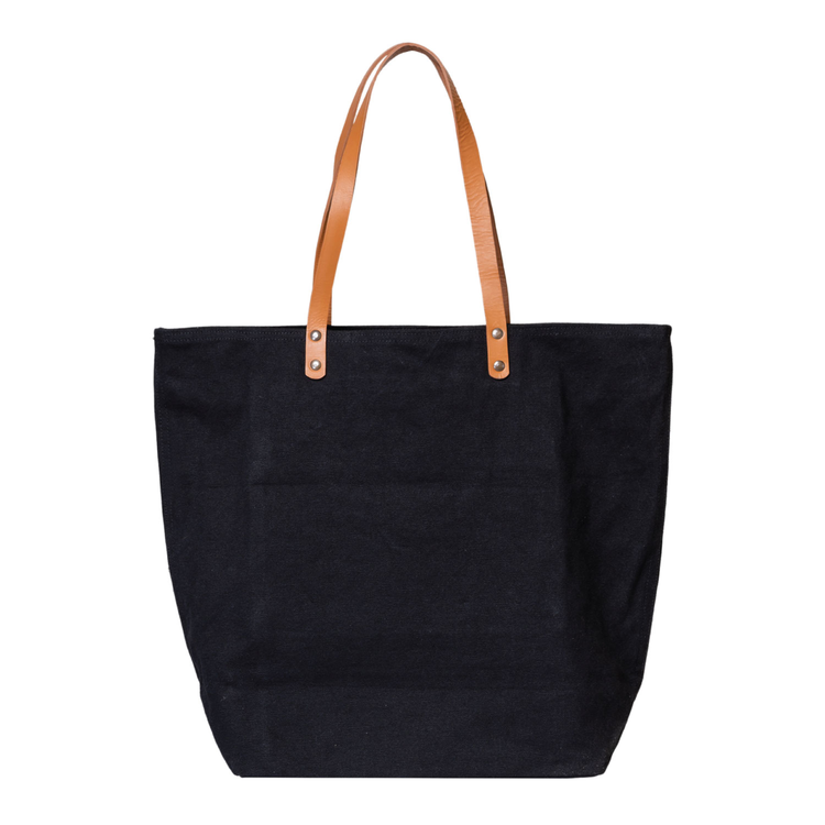 Black tote bag with brown leather handles on a white background