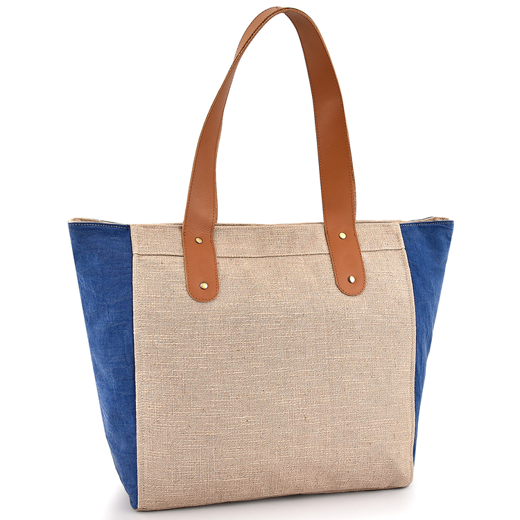 Tote bag with blue and beige design on a white background