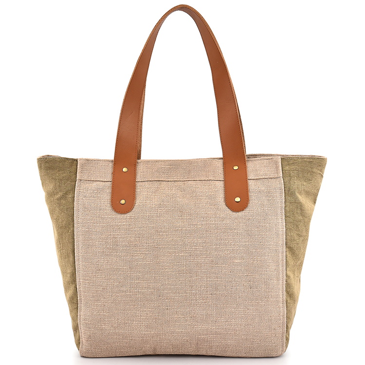 Tote bag with beige and brown color scheme on a white background