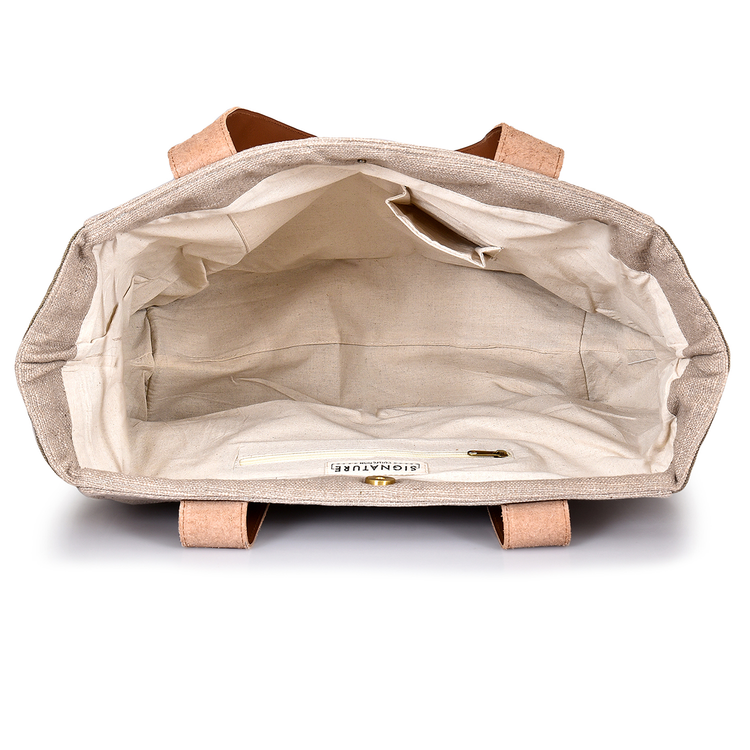 Beige handbag with brown handles and trim on a white background