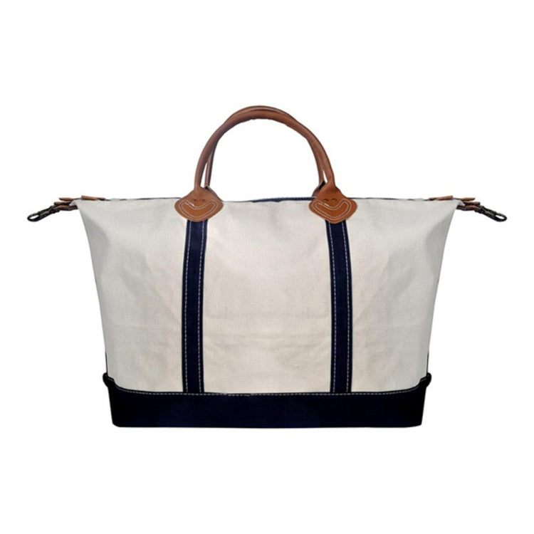 White tote bag with brown handles and navy accents on a white background