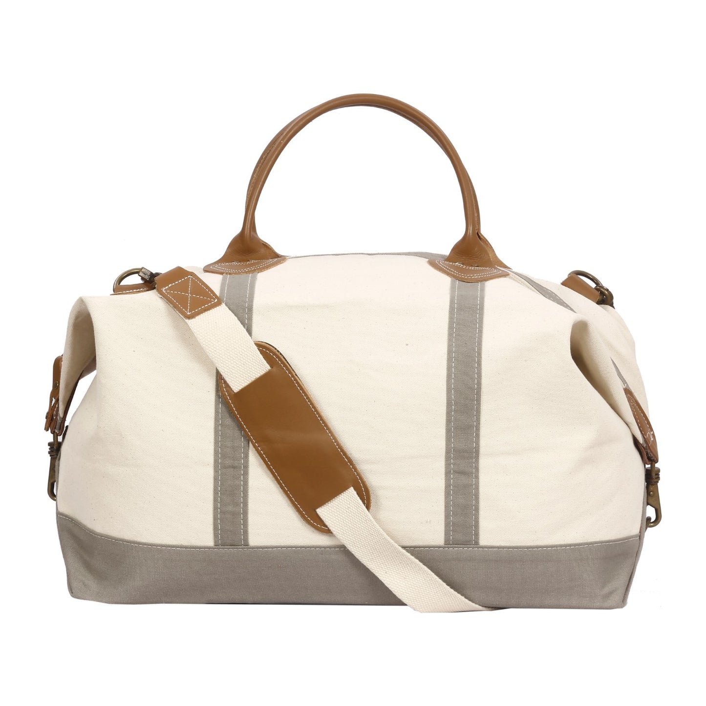Canvas bag with brown straps and trim on a white background