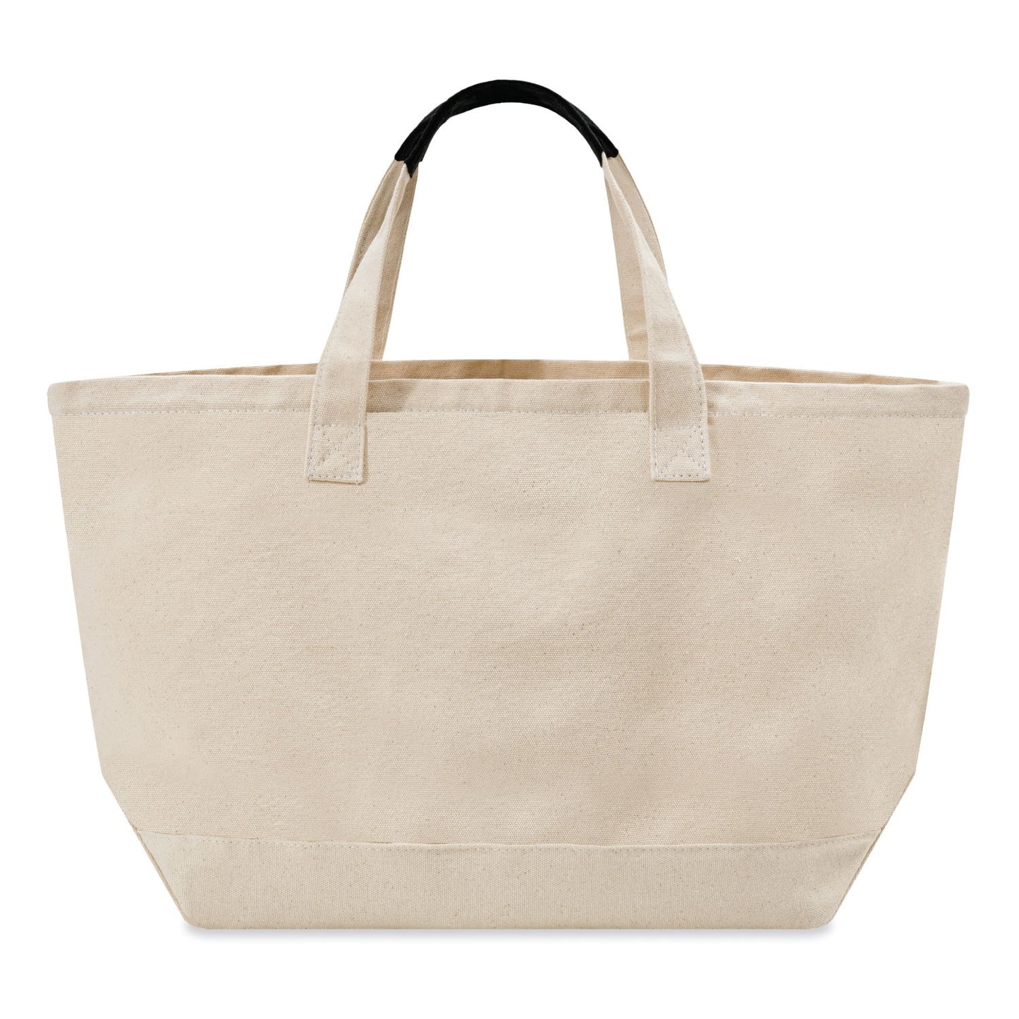 Beige tote bag with black handle on a white background