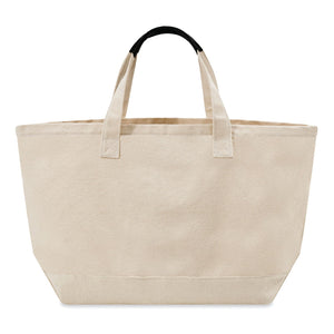 Beige tote bag with black handle on a white background