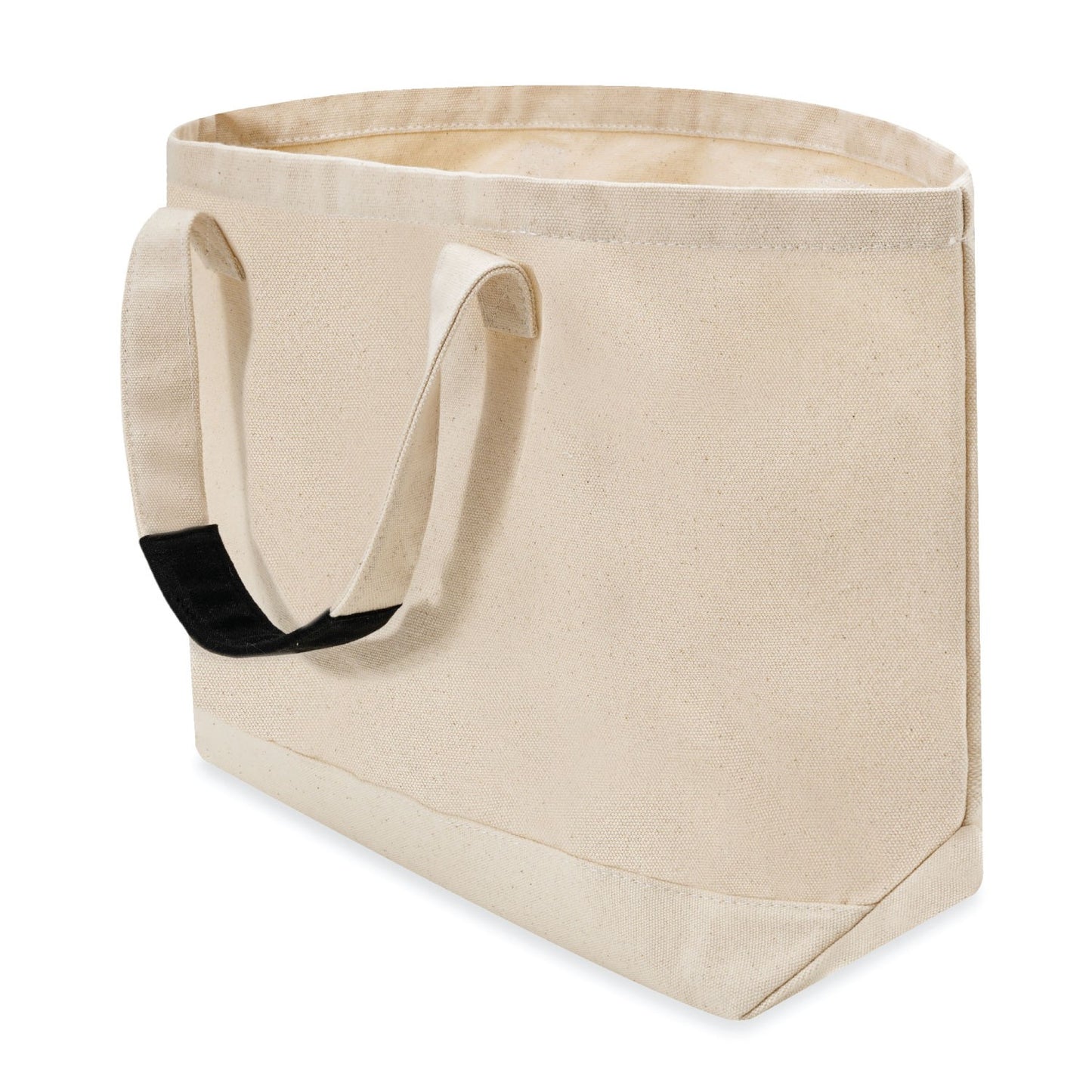 Beige tote bag with black handles on a white background