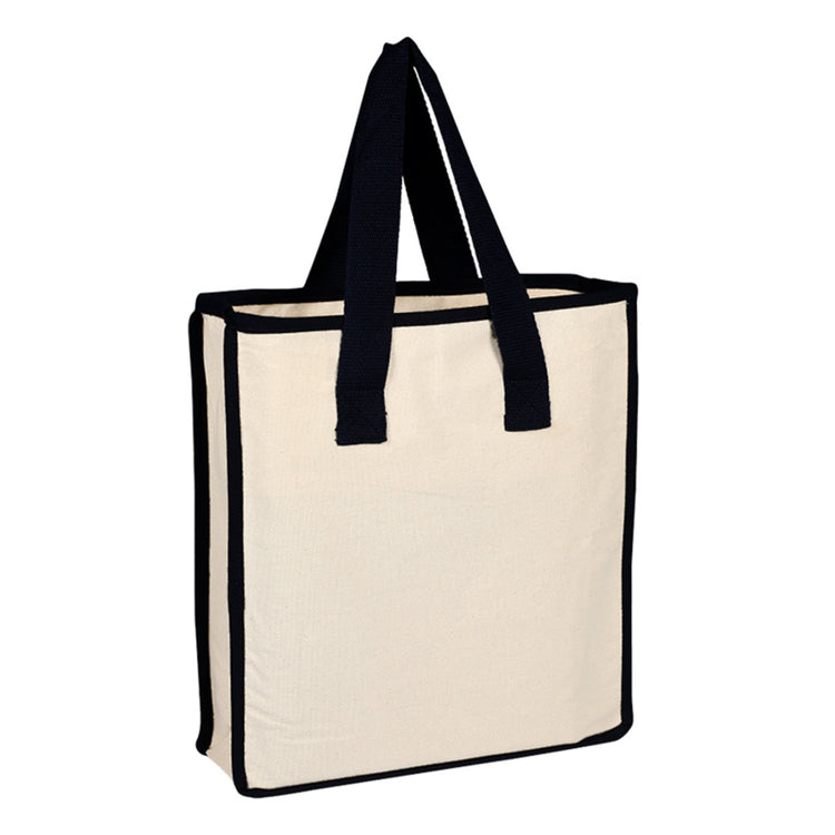 Beige tote bag with black handles on a white background