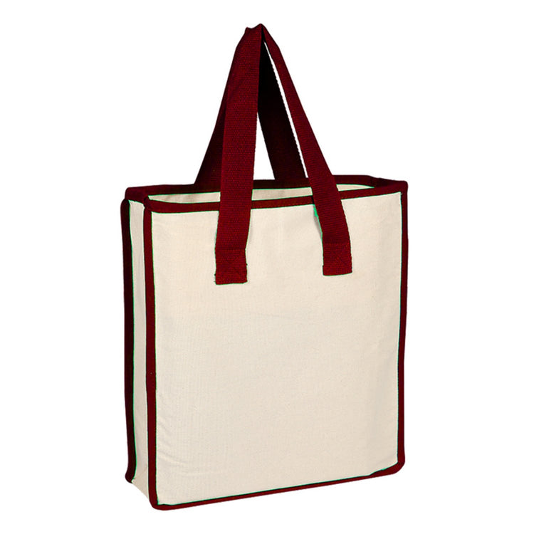 Beige tote bag with red handles on a white background