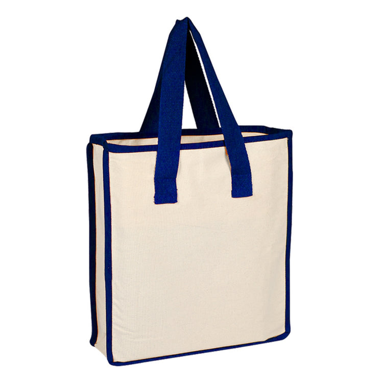 Beige tote bag with navy handles on a white background