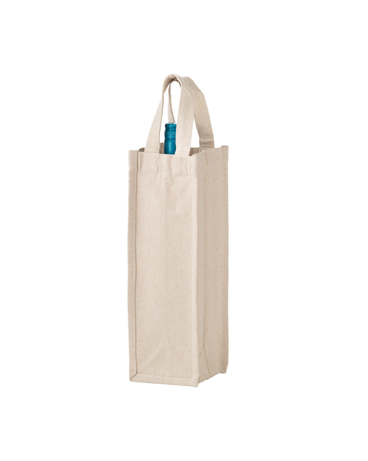 Beige wine bottle bag with a blue wine bottle on a white background