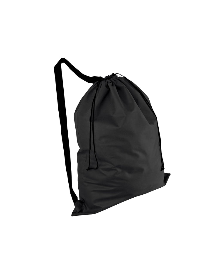 Black drawstring bag on a white background