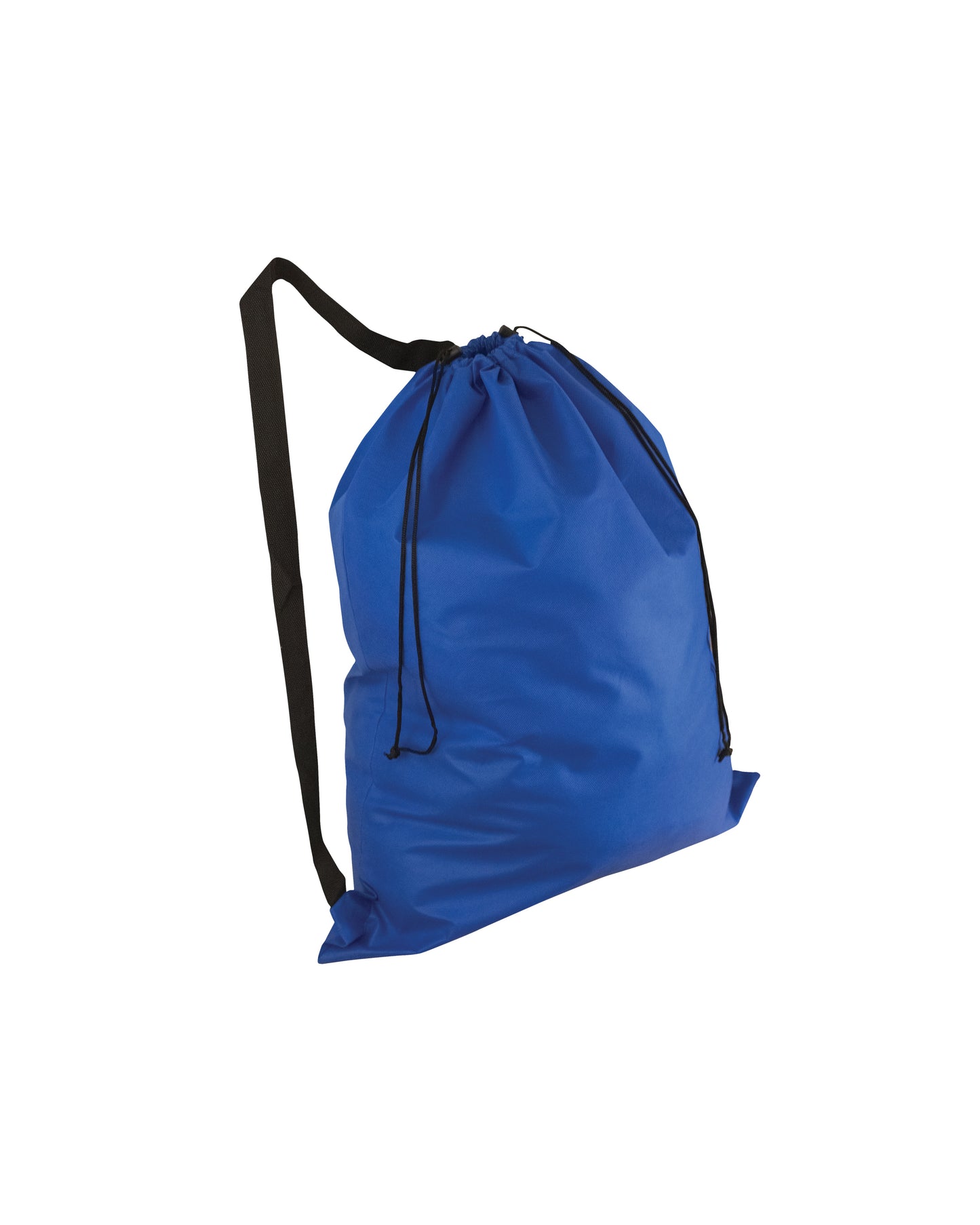 Blue drawstring bag with black straps on a white background