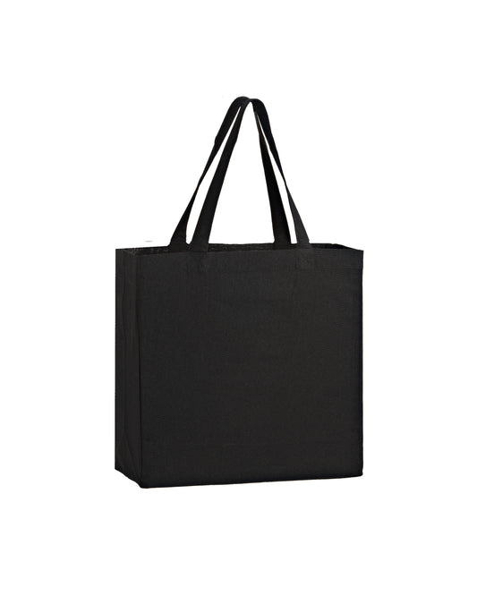 Black tote bag with striped handles on a white background