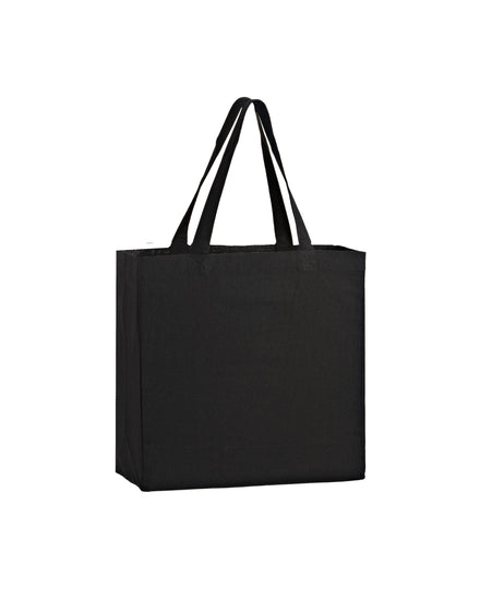 Black tote bag with striped handles on a white background