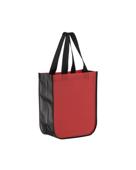 Red tote bag with black accents on a white background
