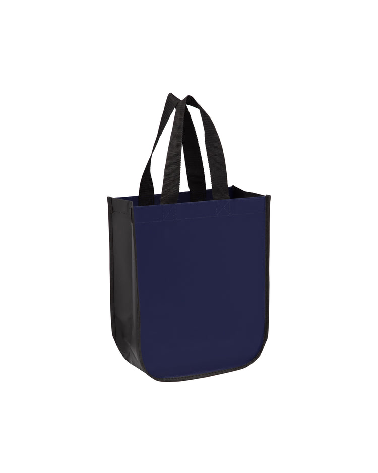 Navy blue tote bag with black handles on a white background