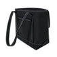 Black tote bag with white stitching on a white background