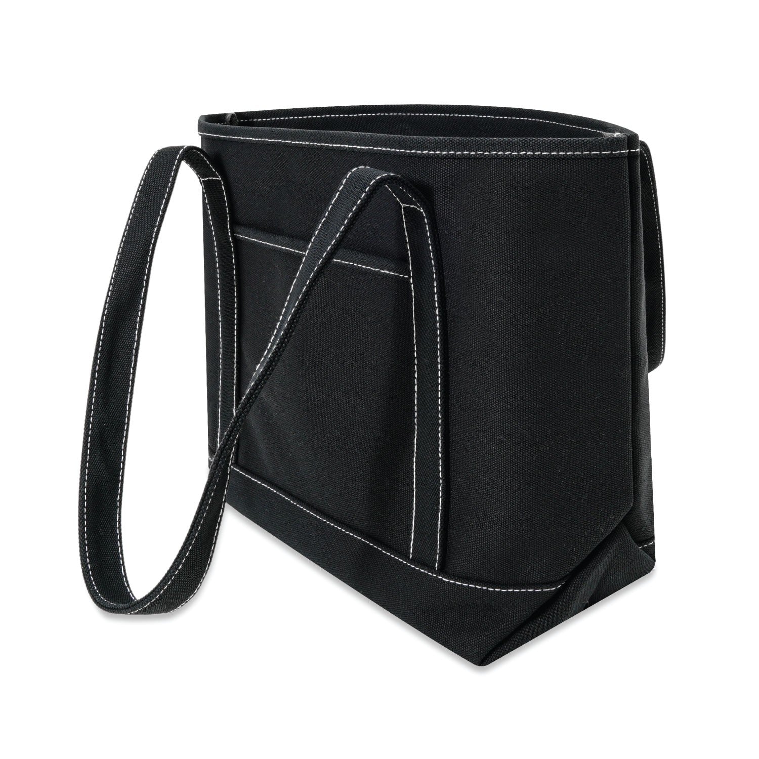 Black tote bag with white stitching on a white background