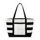 Black and white striped tote bag on a white background