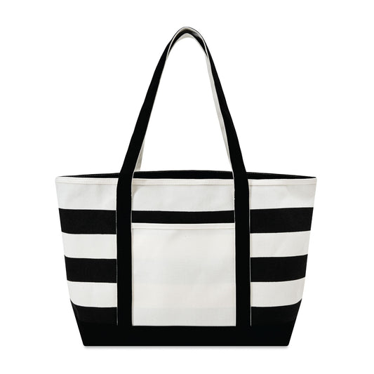 Black and white striped tote bag on a white background