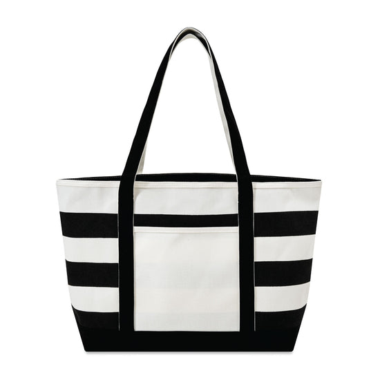 Black and white striped tote bag on a white background