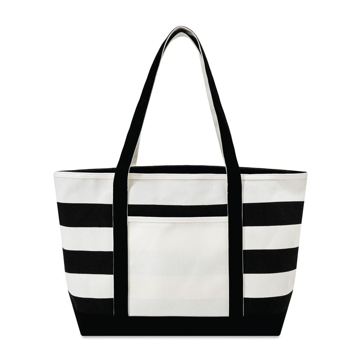 Black and white striped tote bag on a white background