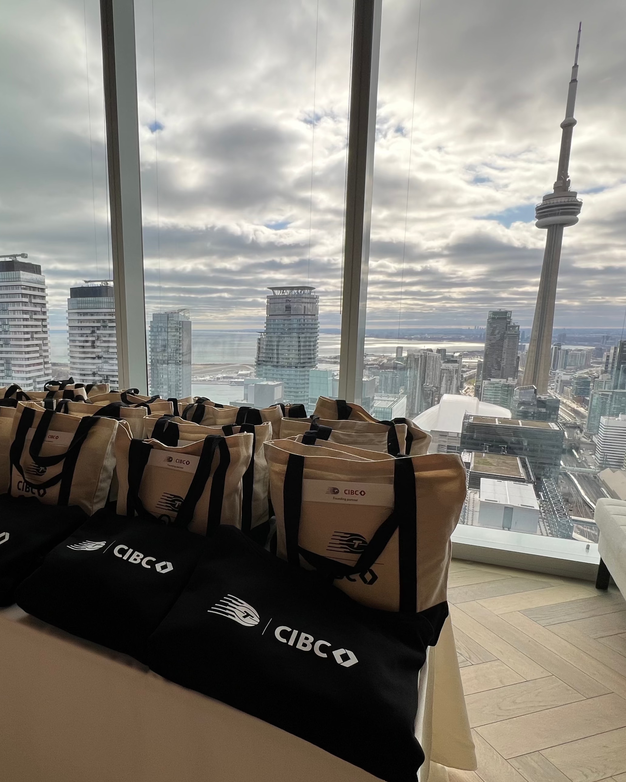 CIBC Branded Tote Bags with Toronto Skyline in the background