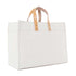 White tote bag with beige handles on a white background
