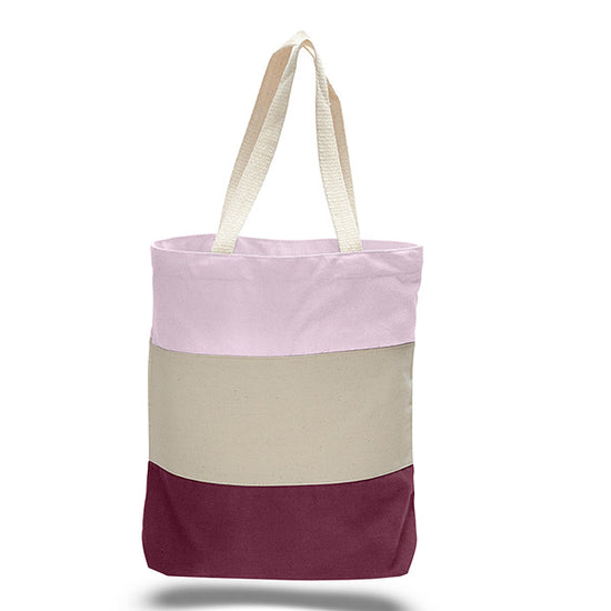Tote bag with a light pink, beige, maroon horizontal tri-tone colour block design on a white background