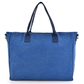 Blue tote bag with black handles on a white background