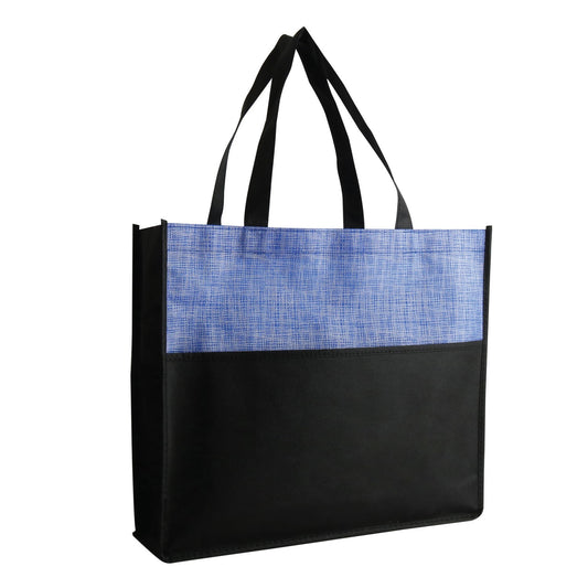 Black tote bag with blue patterned top section on a white background