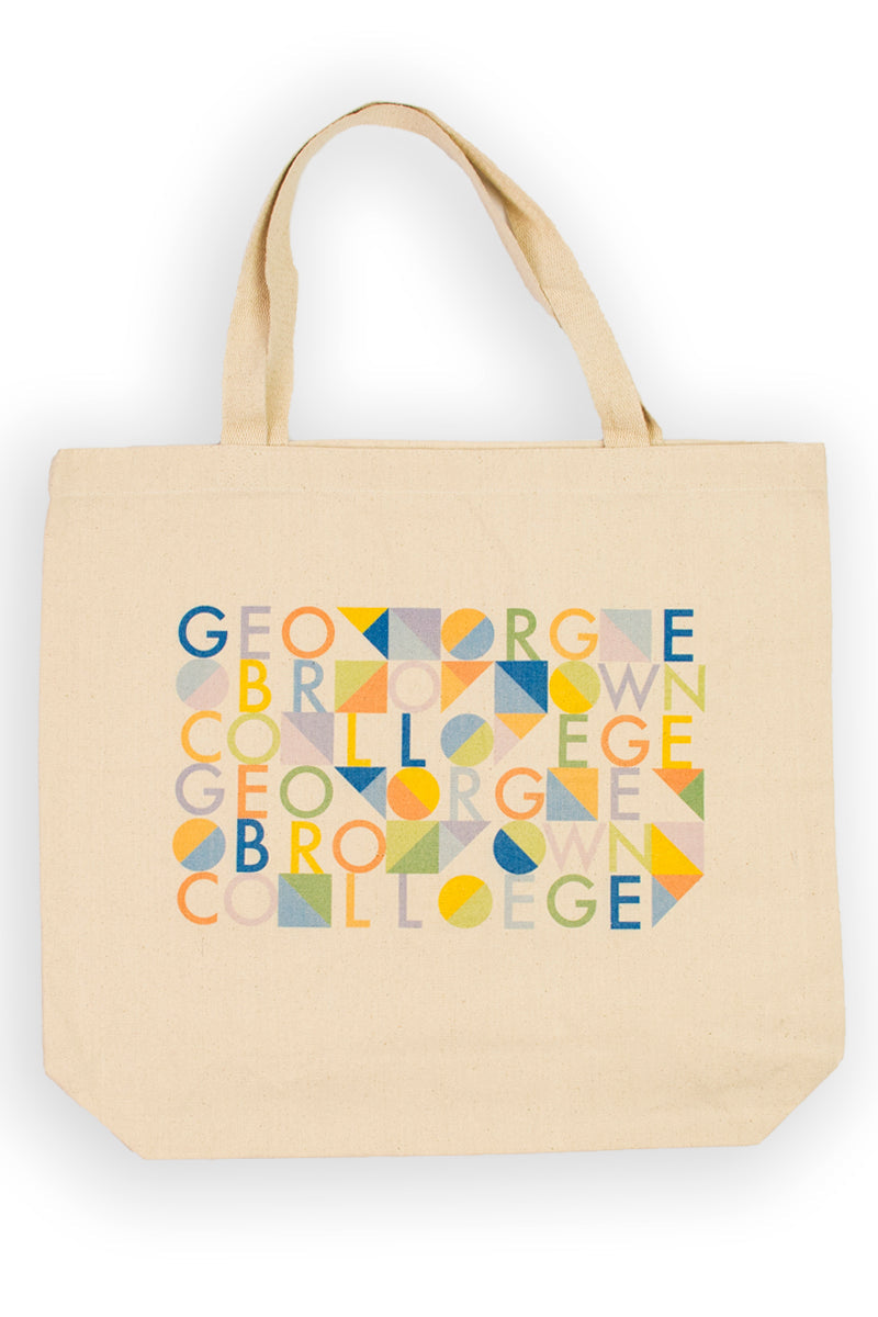 Beige tote bag with colorful text design on a white background
