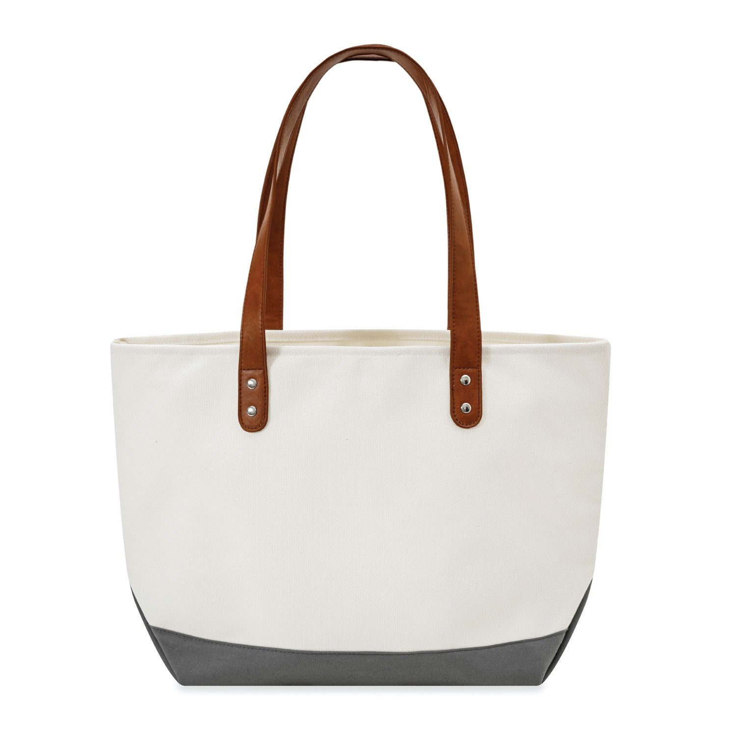 White tote bag with brown handles and grey base on a white background