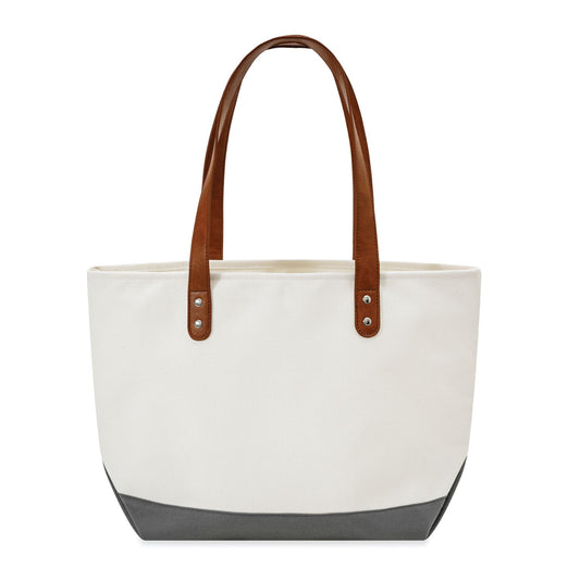 White tote bag with brown handles and grey base on a white background
