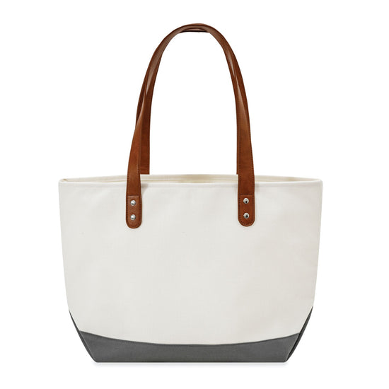 White tote bag with brown handles and grey base on a white background