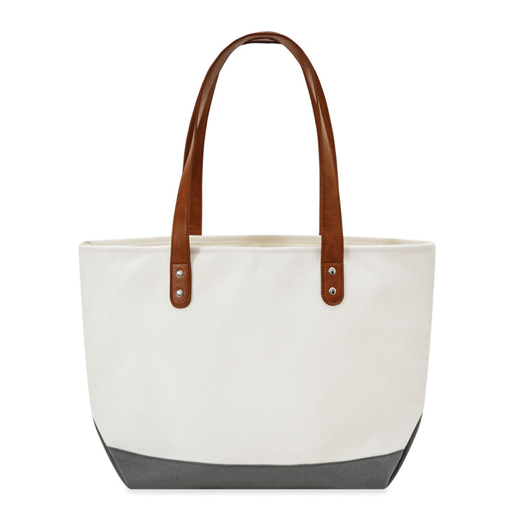 White tote bag with brown handles and grey base on a white background