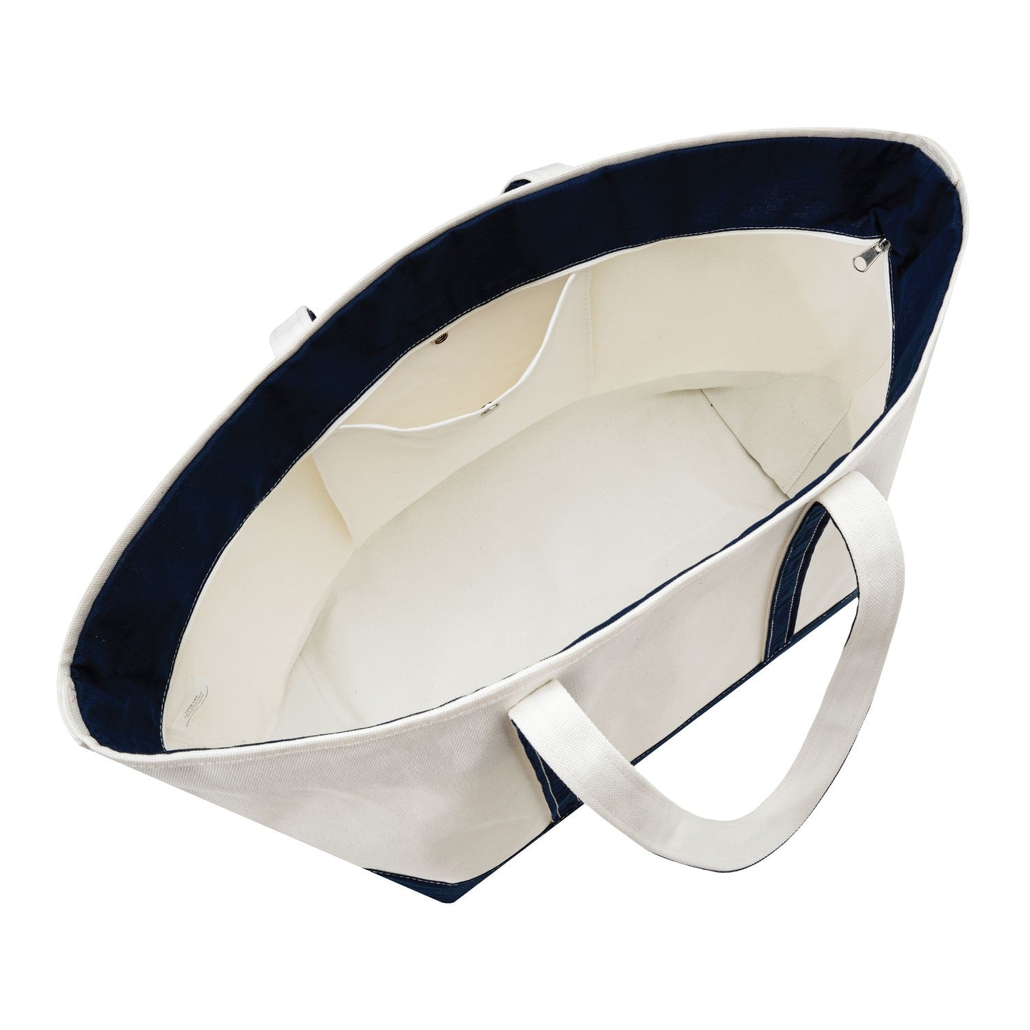 White tote bag with navy blue interior and trim on a white background