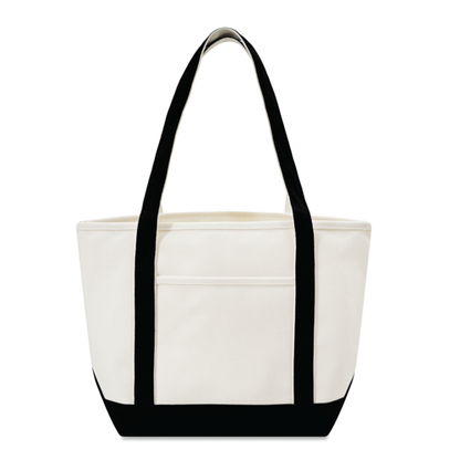 White tote bag with black handles and trim on a white background
