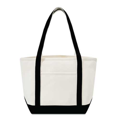 White tote bag with black handles and trim on a white background