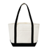 White tote bag with black handles and trim on a white background