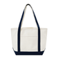 White tote bag with navy handles and trim on a white background