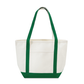 White tote bag with green handles and trim on a white background
