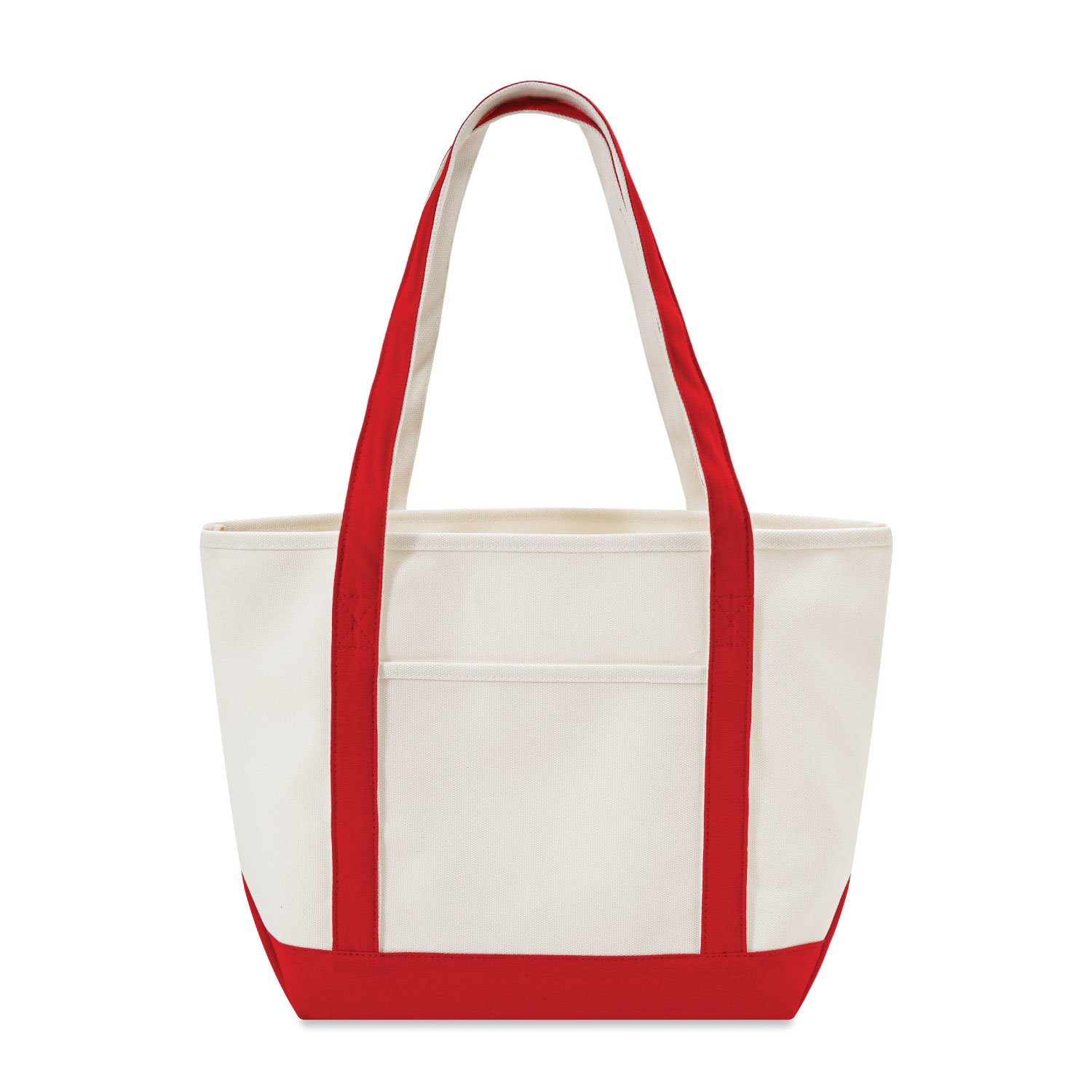 White tote bag with red handles and trim on a white background