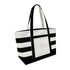 Black and white striped tote bag on a white background