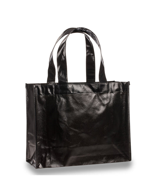 Black shiny tote bag on a white background