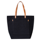 Black tote bag with brown handles on a white background