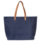 Blue tote bag with brown handles on a white background