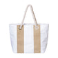 White and beige striped tote bag with a rope handle on a white background