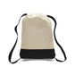 Beige and black drawstring bag on a white background