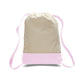 Beige and pink drawstring bag on a white background