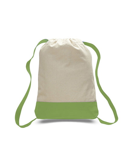 Canvas drawstring bag with green base and straps on a white background